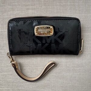 Michael Kors Black Patent MK Logo Zip Wallet with Gold Plate